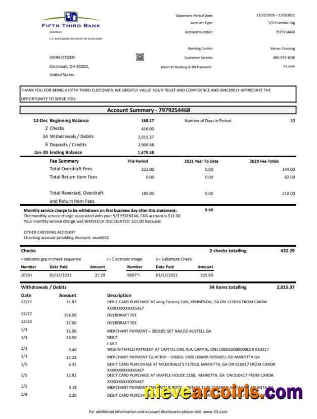 USA Fifth Third Bank statement easy to fill in .xls and .pdf file format
